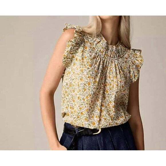 J Crew Womens Gathered Ruffle Sleeve Top Sz Small Yellow Floral Vines Cotton - Picture 1 of 7